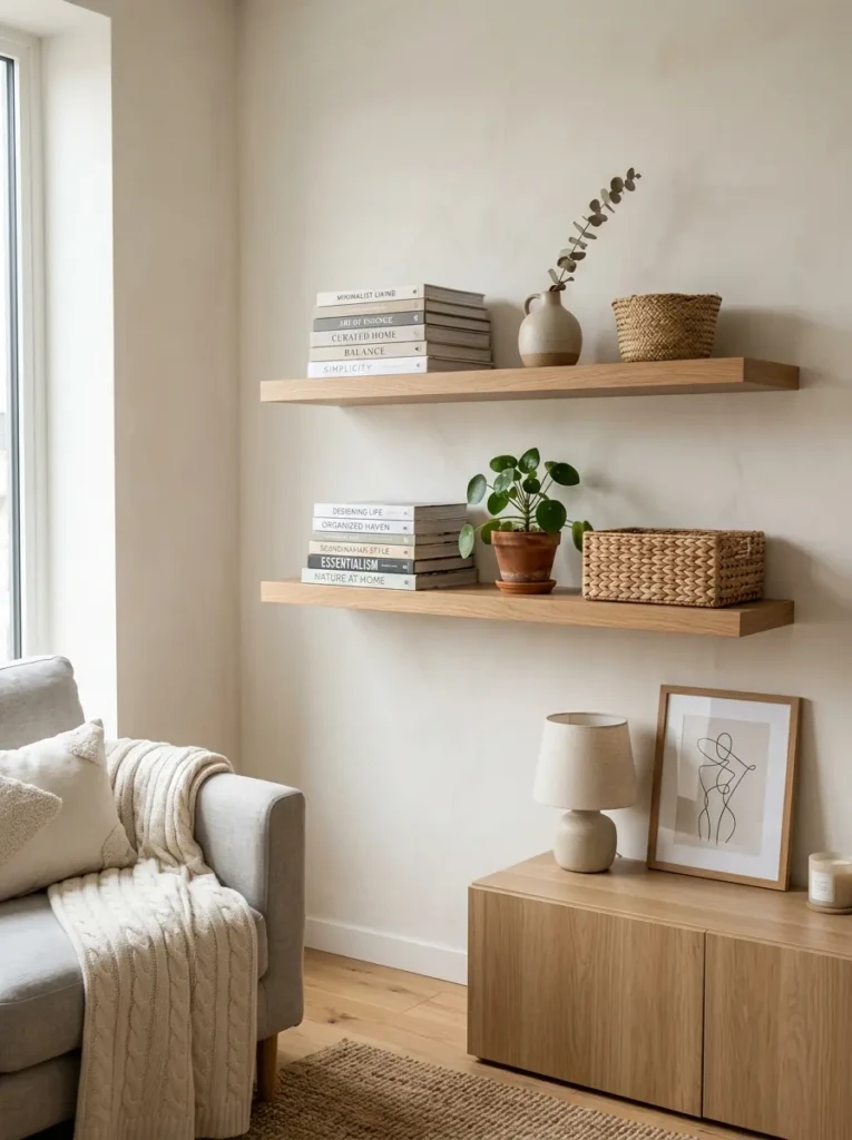 Organized apartment shelves with stacked books, ceramics, and woven textures