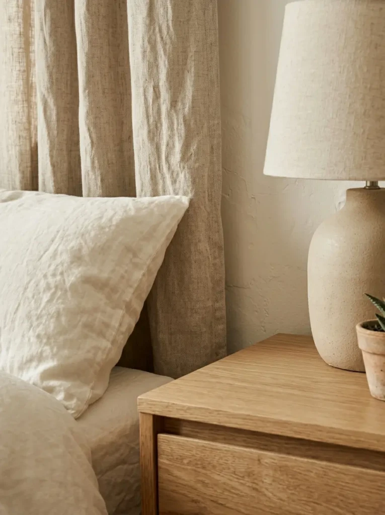 Linen curtains, ivory bedding, light oak furniture, and matte finishes in a cozy minimalist apartment.