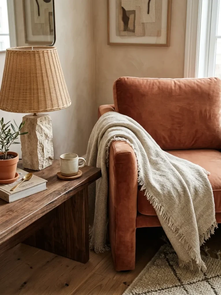 Wood, linen, velvet, rattan, and stone textures in cozy neutral apartment