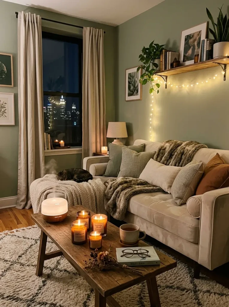 Cozy apartment with ambient lighting, scented candles, and plush textures