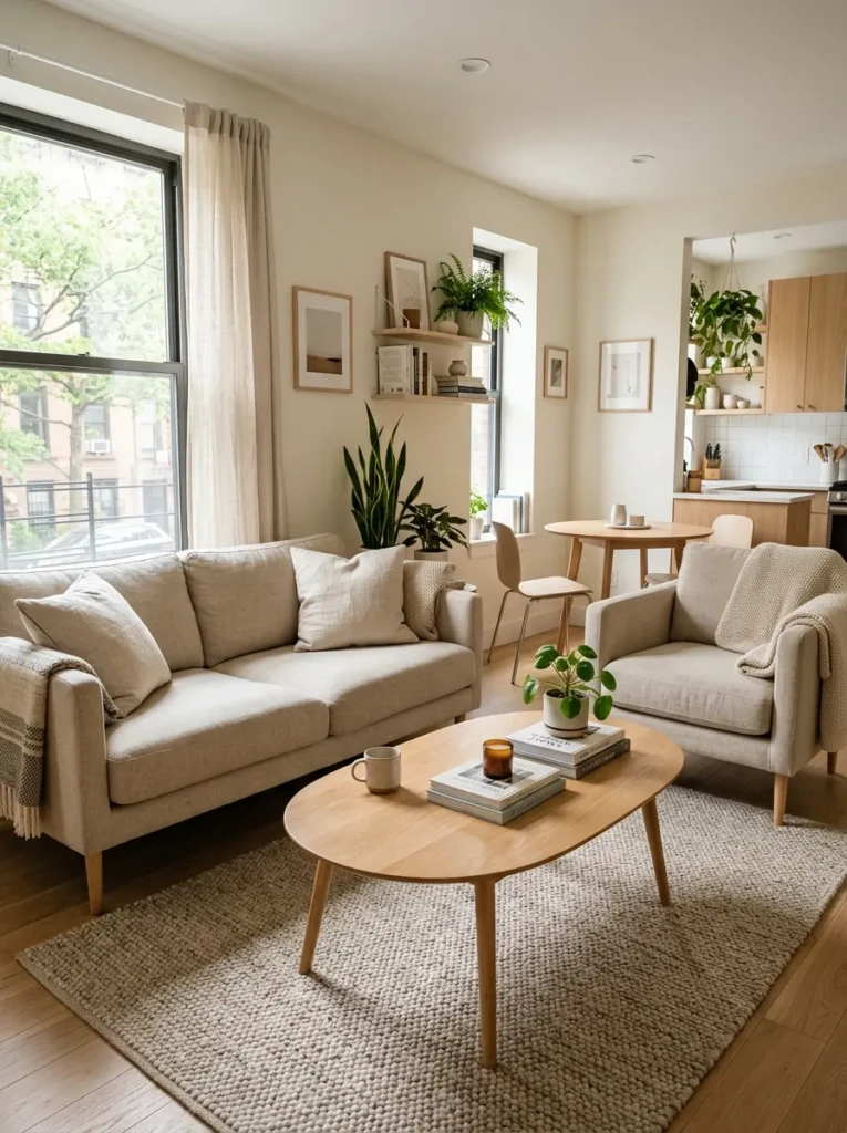 Compact apartment featuring slim-leg furniture, light wood textures, and cozy neutral decor.