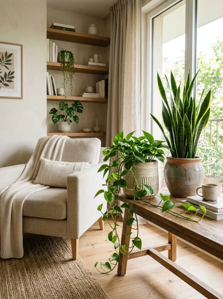 Modern apartment with pothos vines, snake plants, textured ceramic pots, and inviting neutral styling.