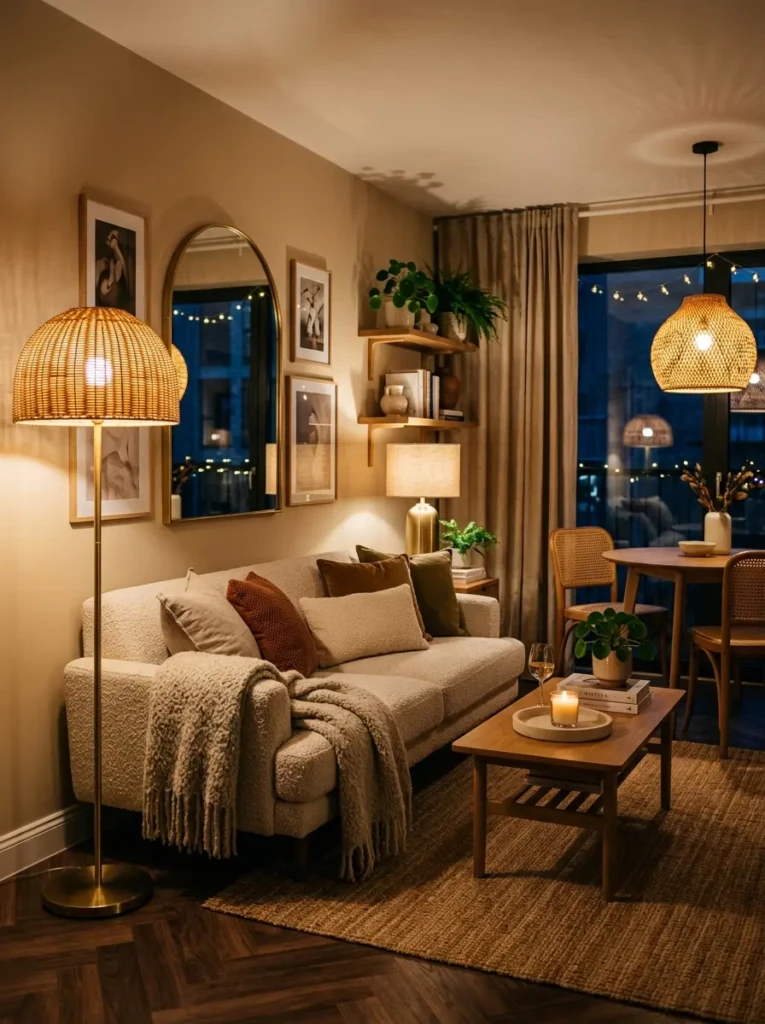 Stylish apartment with brass lamps, woven shades, mirrors, and cozy evening ambiance.