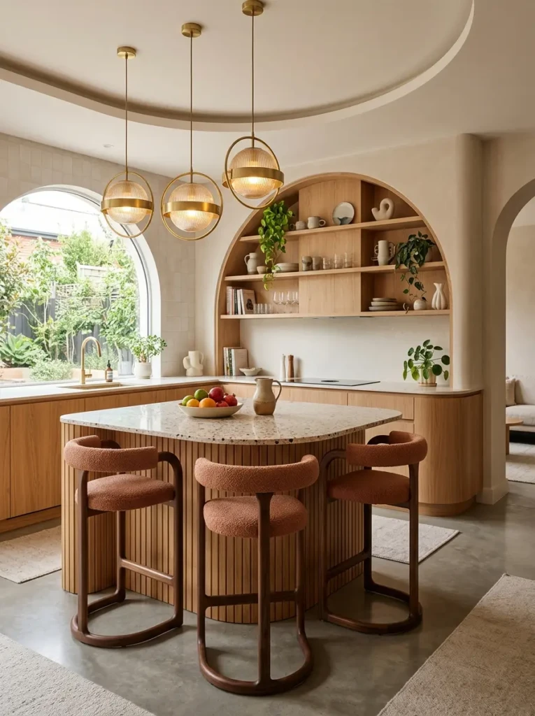 Arched shelves, circular pendant lights, and curved seating in a contemporary kitchen.