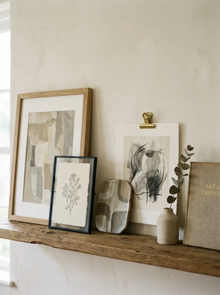 close up of framed and frameless artwork arranged on living room shelf