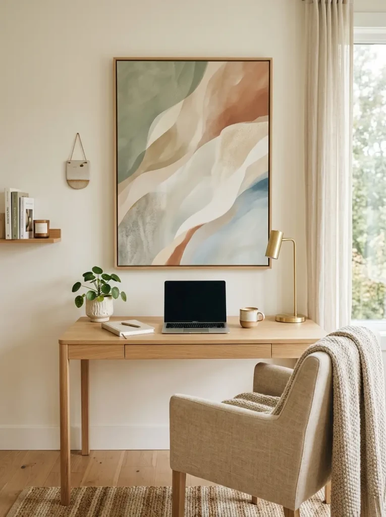 Cozy workspace featuring calming abstract wall art and balanced minimalist styling.