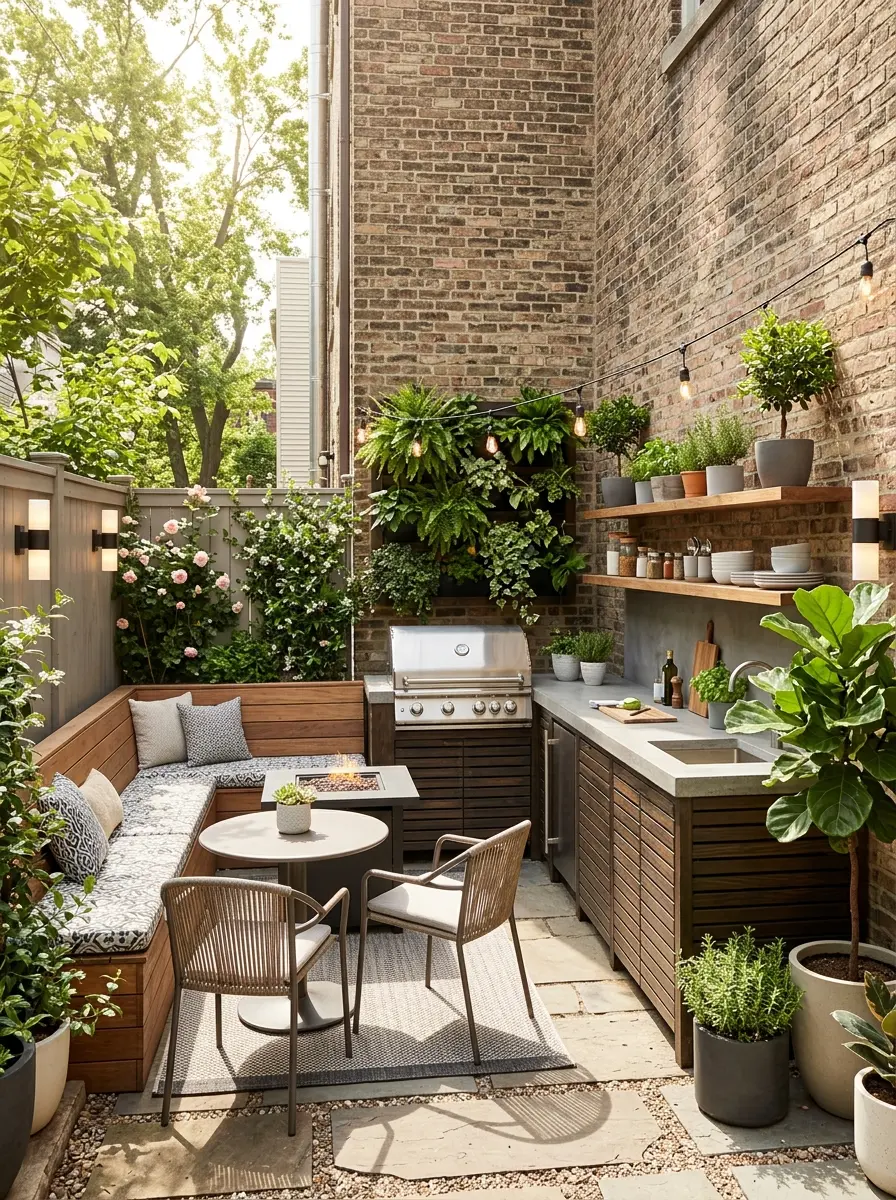 Compact outdoor kitchen with modern appliances and smart space-saving layout
