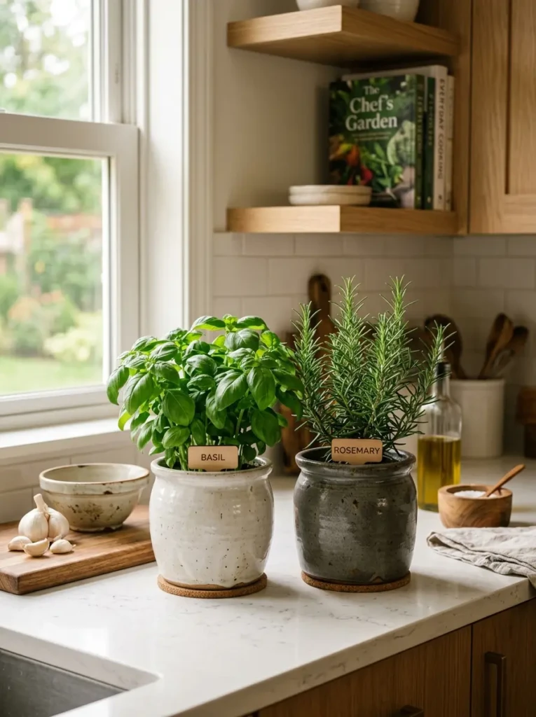 Basil and rosemary plants decorating a cozy kitchen countertop