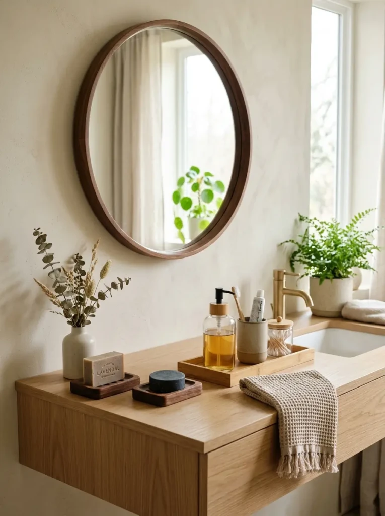 Bathroom decor with bamboo trays, walnut mirror frame, and wooden spa-inspired accents