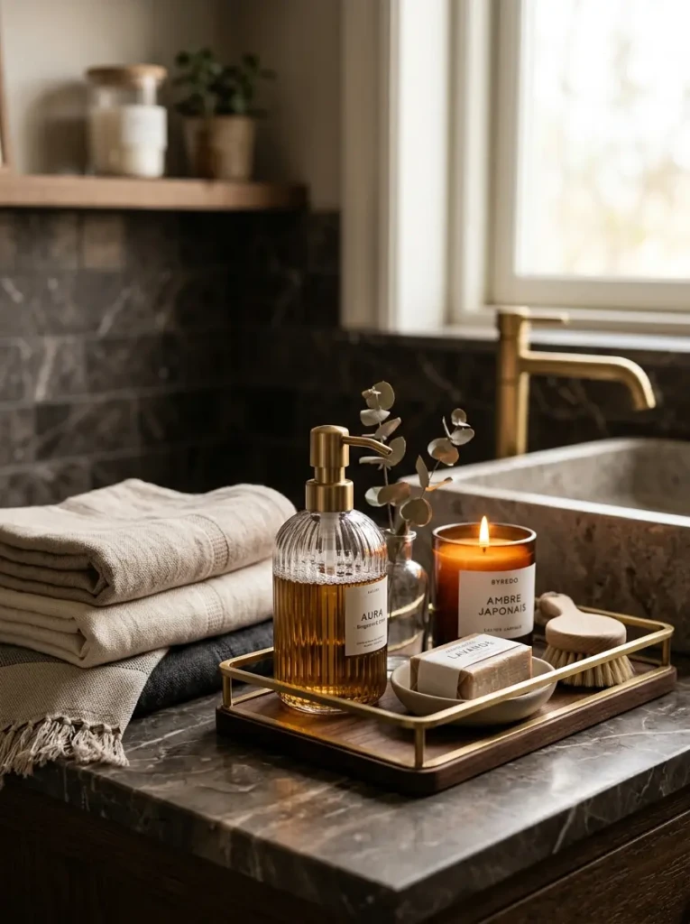 A styled bathroom tray with candles, soap dispenser, and folded towels creating a polished luxury look.