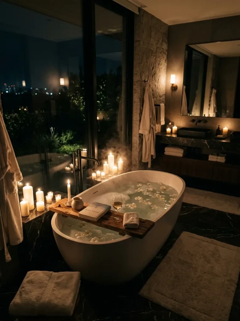 A serene bathroom at night with dim lighting, glowing candles, and a filled bathtub creating a relaxing spa atmosphere.