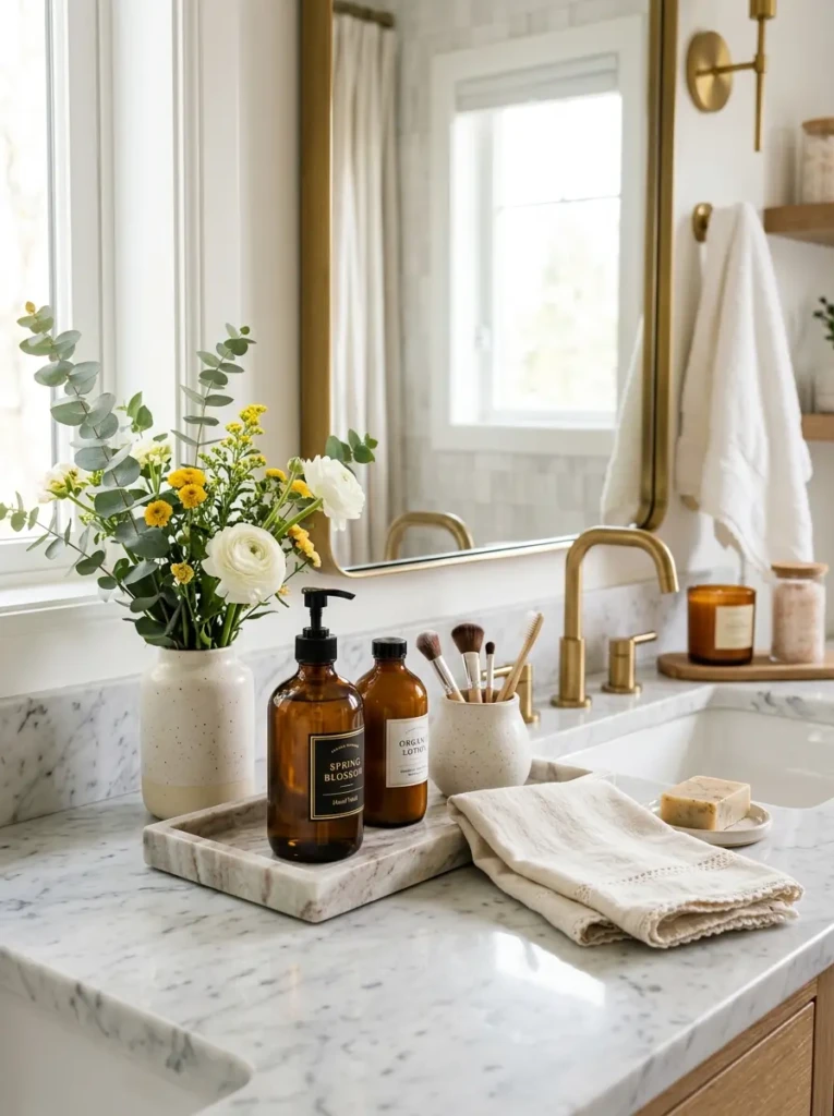 Stylish bathroom countertop with marble tray, amber bottles, and cozy spring accessories.