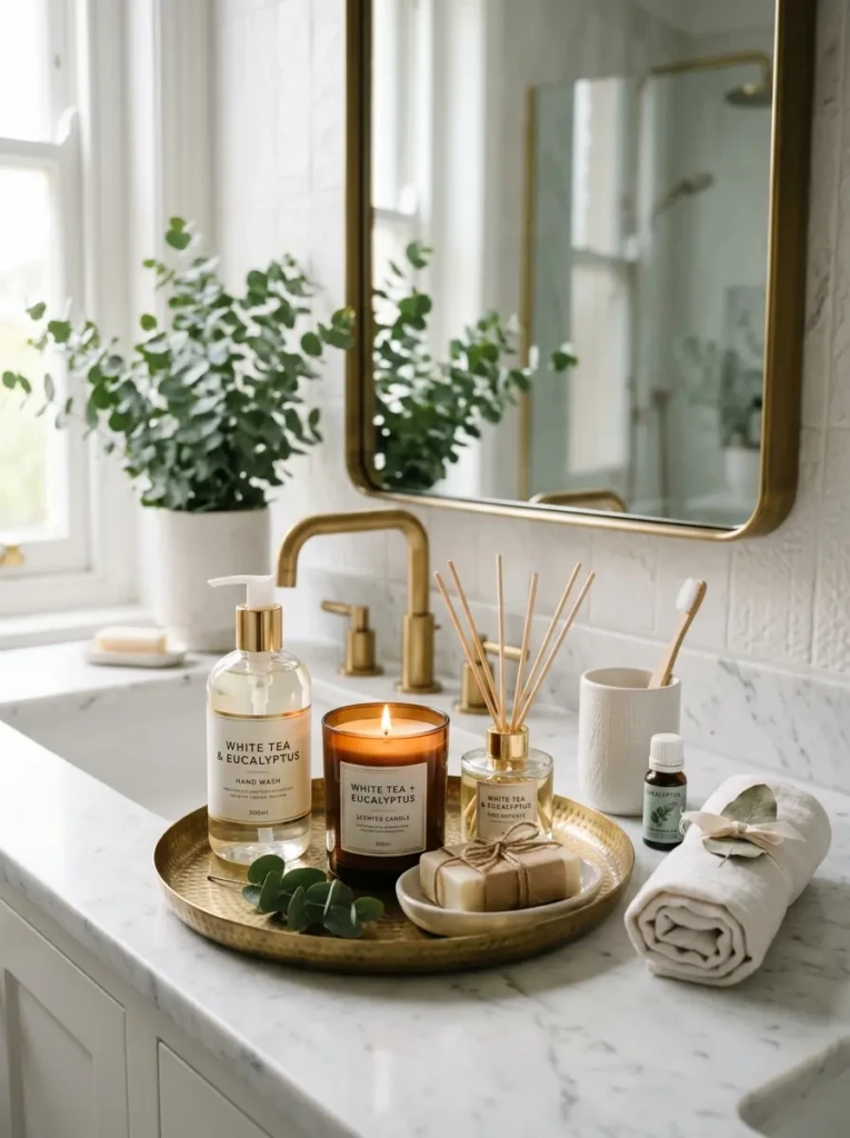 Elegant countertop display with scented accessories and calming decor.