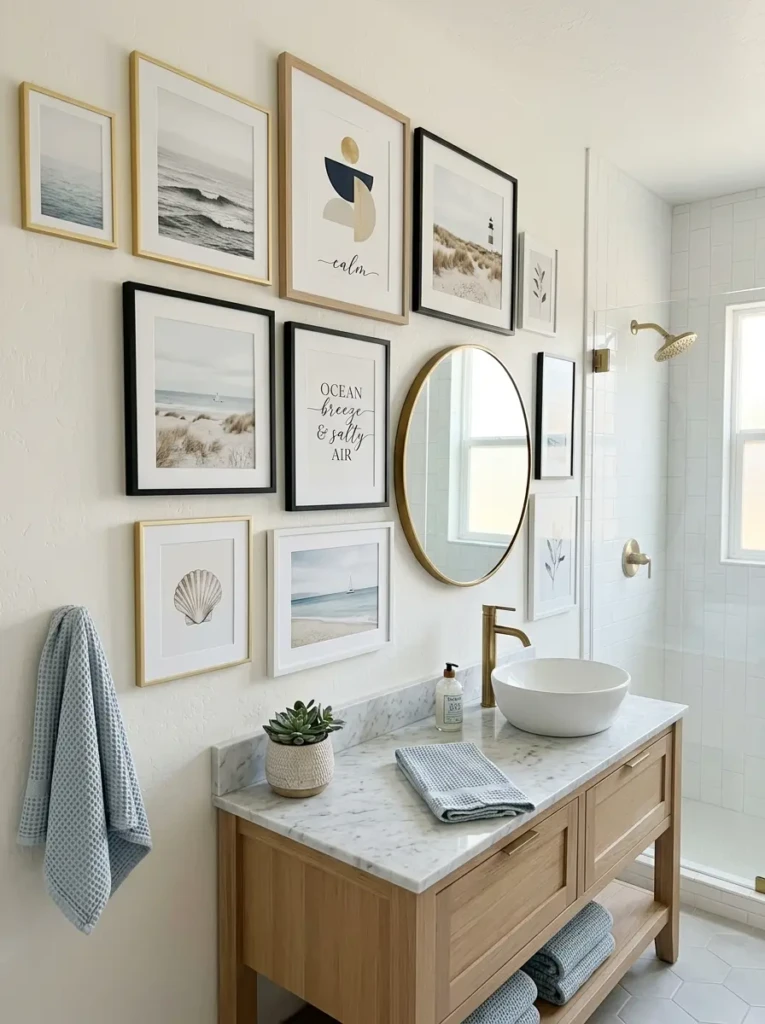 Elegant guest bathroom featuring curated artwork and coordinated decor.
