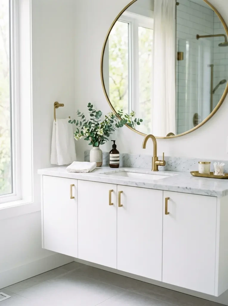 Contemporary bathroom refresh with brushed brass fixtures and clean white vanity.