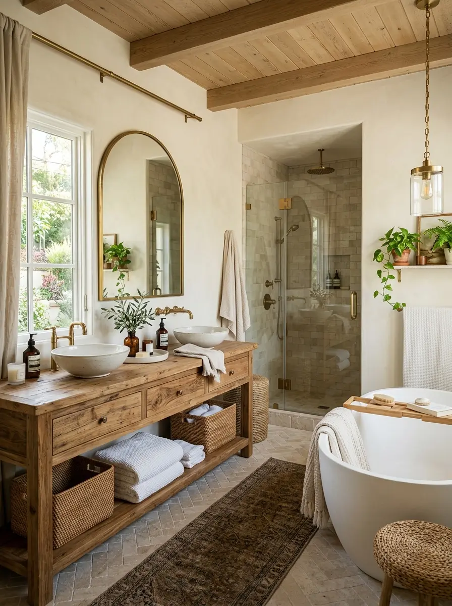 Airy modern bathroom with natural wood, soft textures, and elegant neutral styling