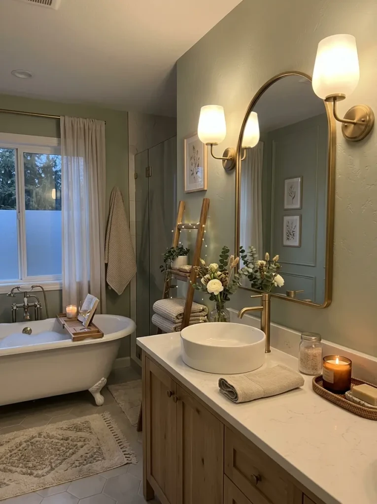 Warmly lit bathroom with elegant sconces and relaxing cozy spring atmosphere.