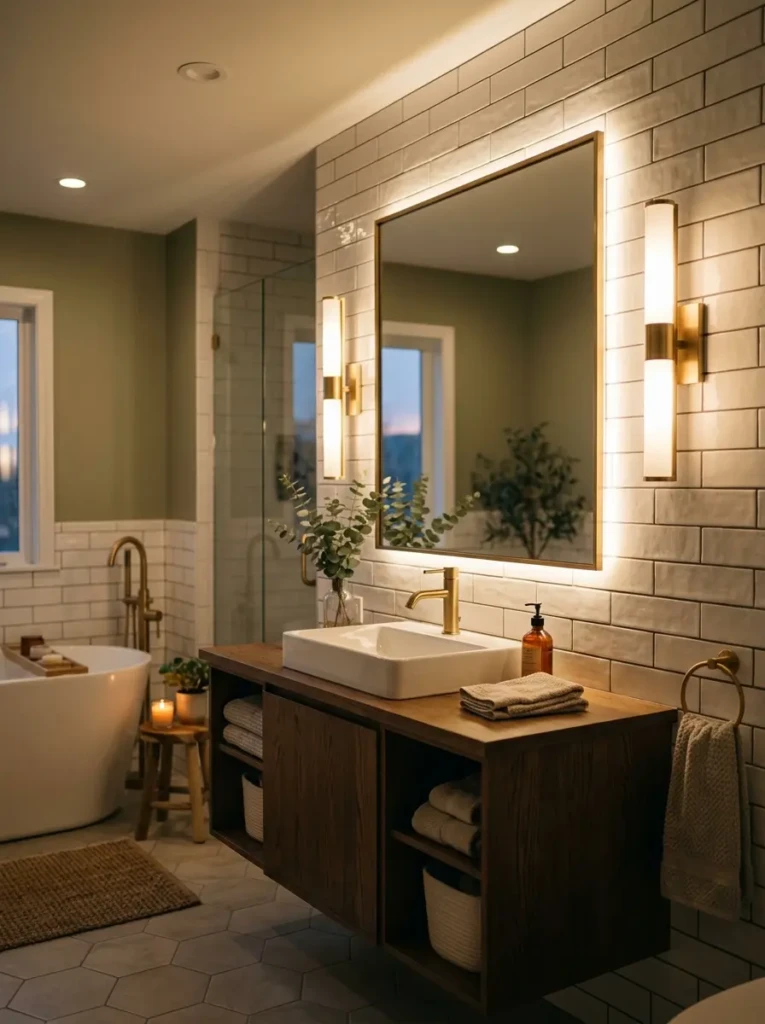 Modern bathroom with brass sconces, LED mirror, and warm layered lighting design