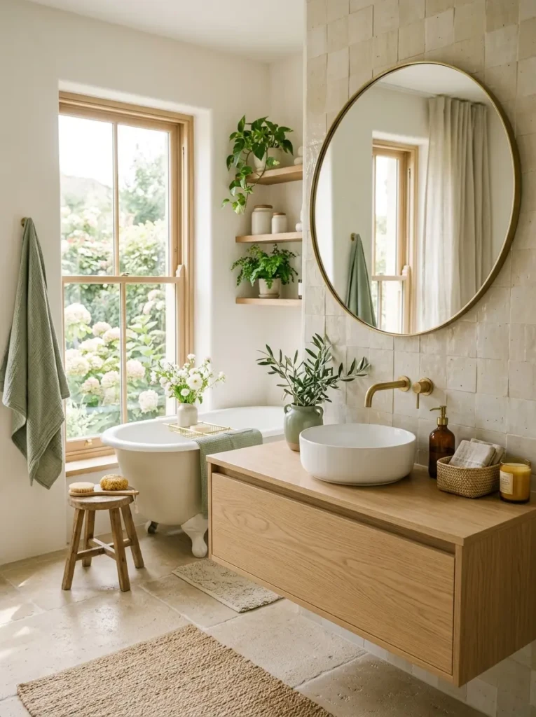 Light warm-toned bathroom with sage accents, airy decor, and cozy timeless styling.