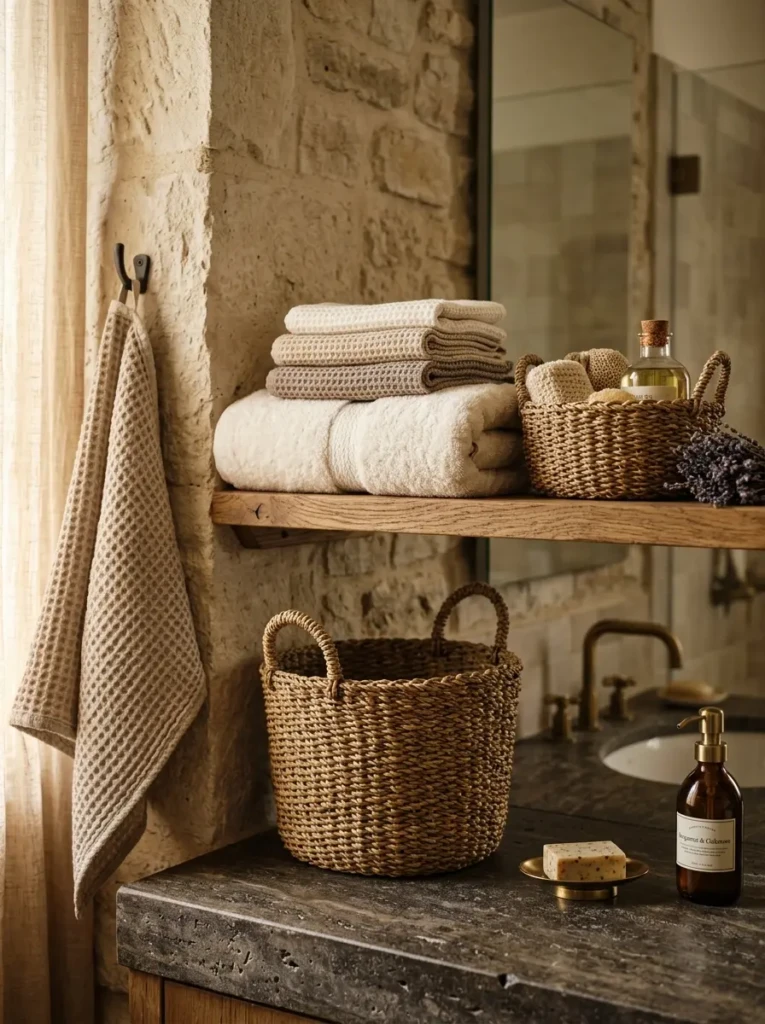Close-up of soft towels, woven baskets, and textured surfaces in a warm and inviting modern bathroom.