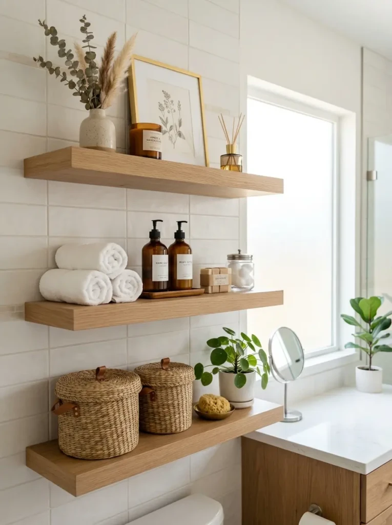 Organized guest bathroom shelves with baskets and minimalist decor.