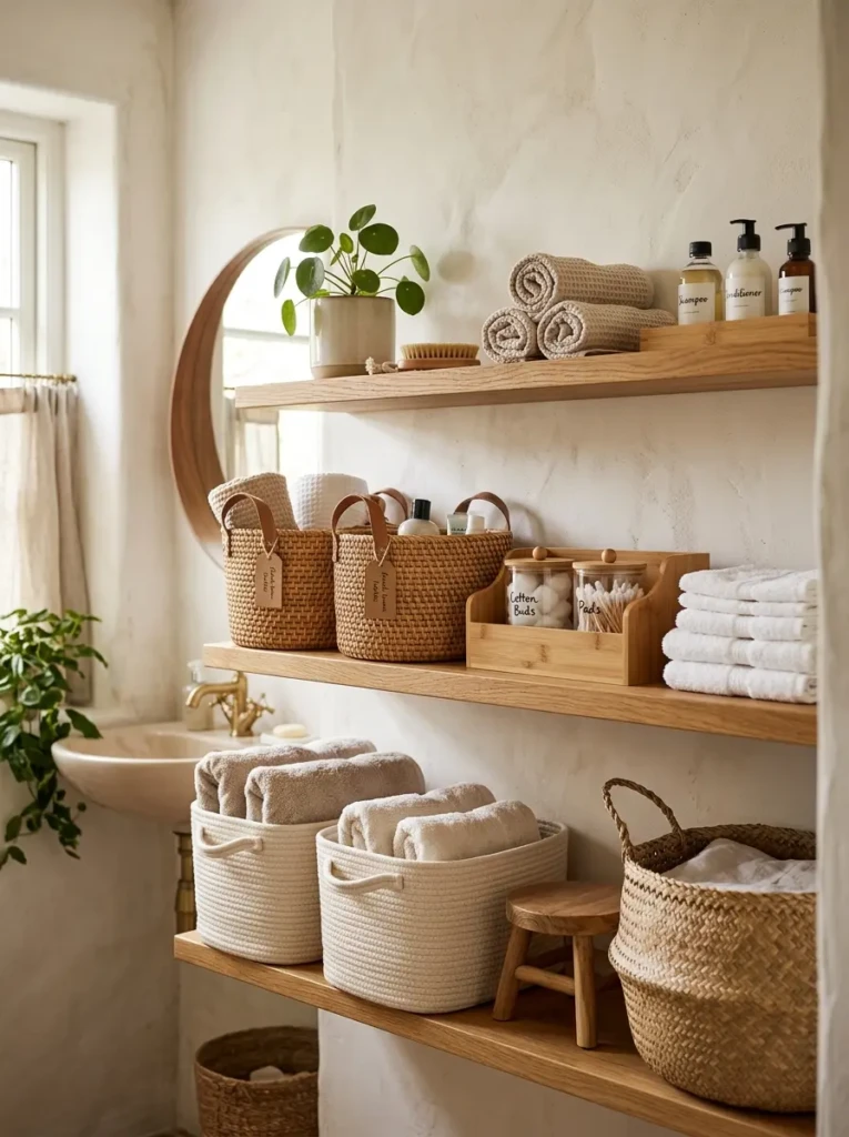 Bathroom shelves styled with rattan baskets and bamboo storage containers