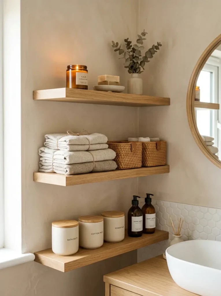 Neutral bathroom shelving with candles, folded towels, and clean organized accessories.