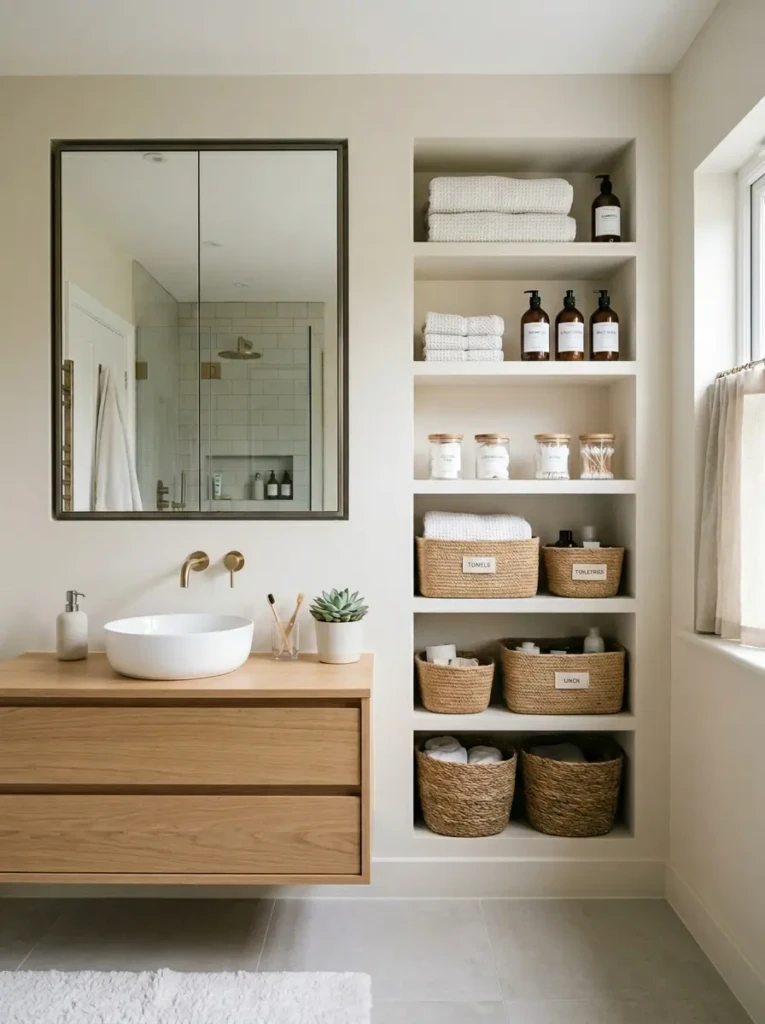 Cozy modern bathroom with thin black-framed round mirror and elegant neutral styling.