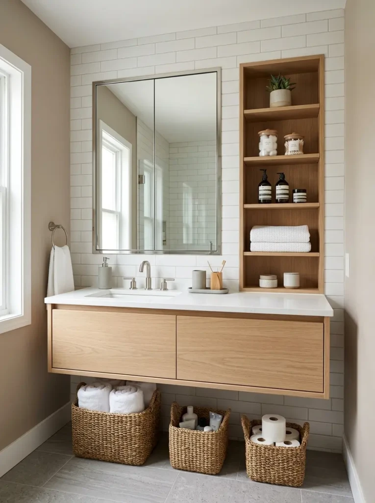 Minimalist bathroom featuring oak shelves, wooden towel ladder, and earthy spa-inspired decor.