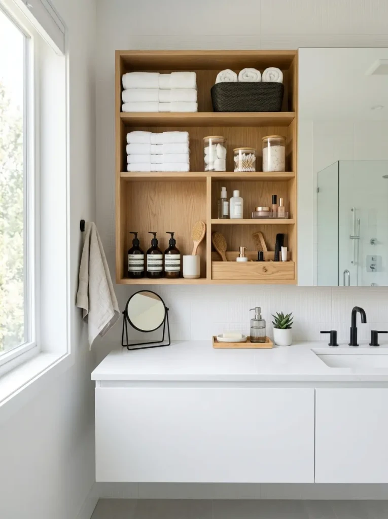 Neatly organized guest bathroom with stylish trays and hidden storage.