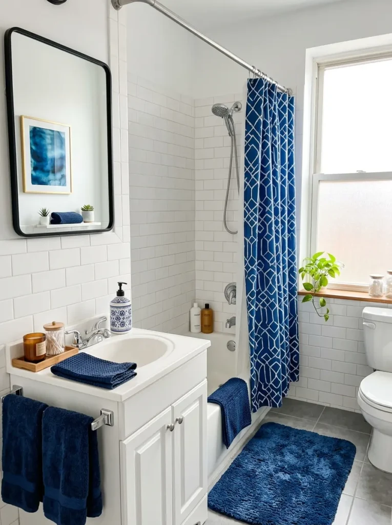 White bathroom styled with navy towels, dark blue bath mat, blue shower curtain, soap dispenser, and wall art.