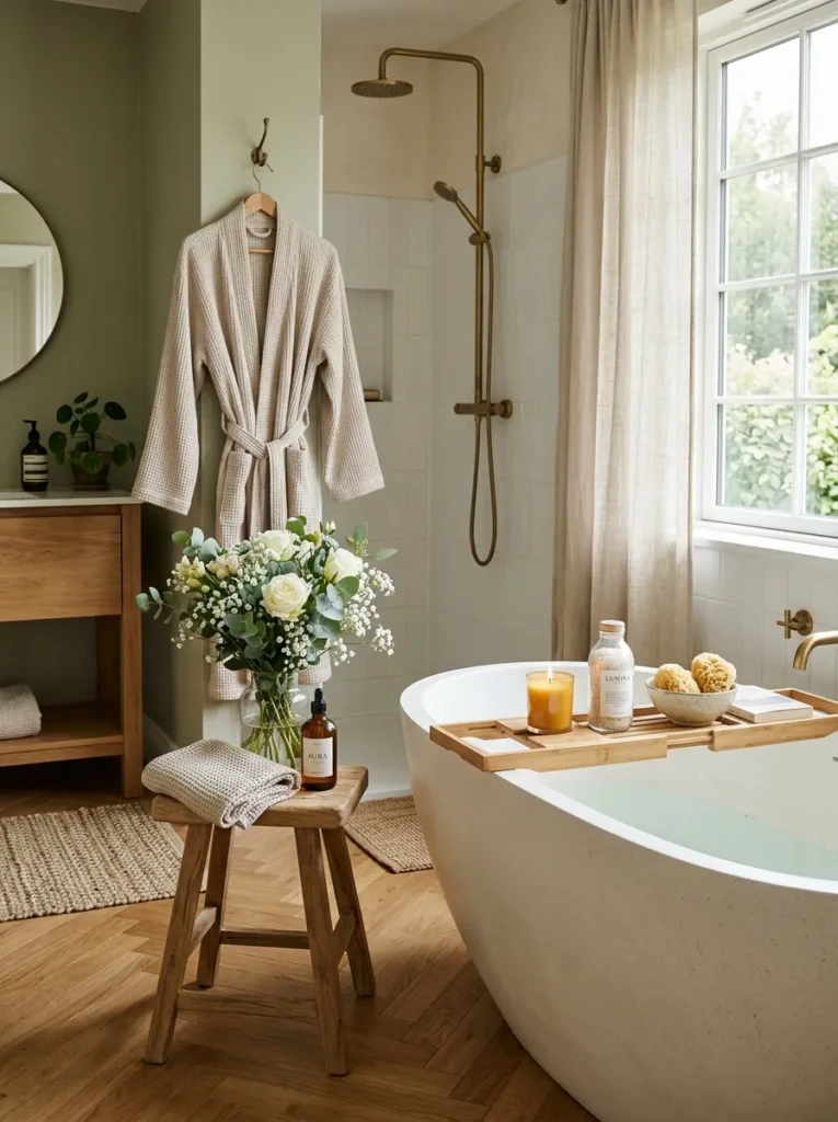 Bathroom styled with soft robe, fresh flowers, and calming luxury decor