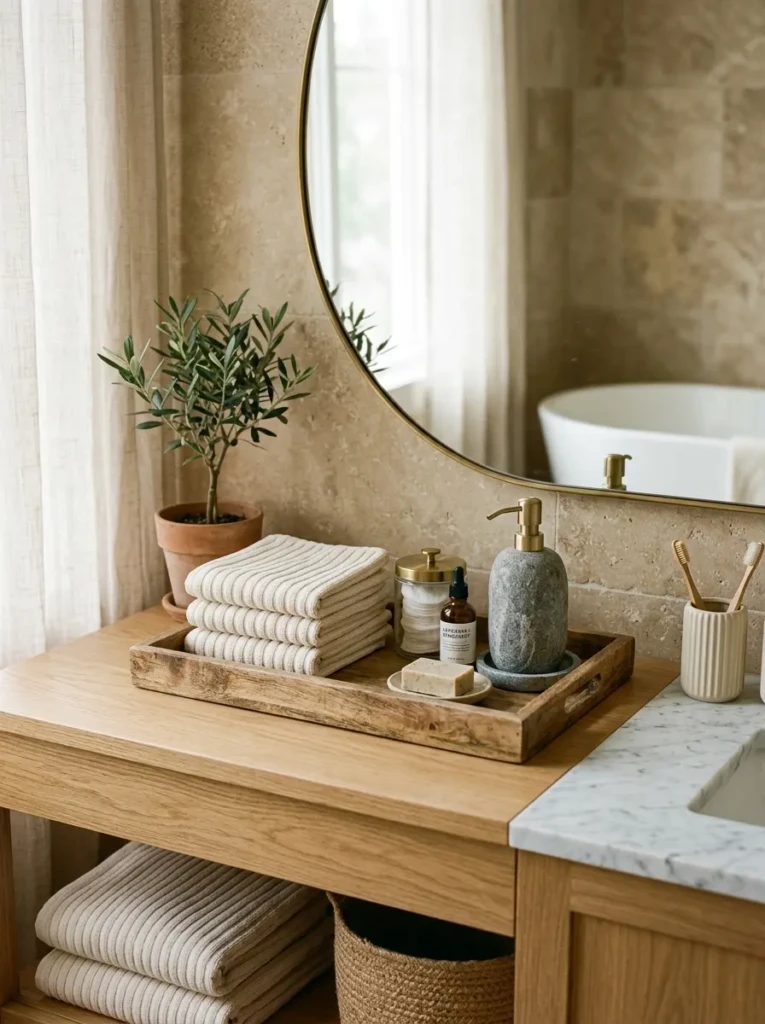 Bathroom decor featuring ribbed fabrics, wood trays, and stone accessories in a calming space.