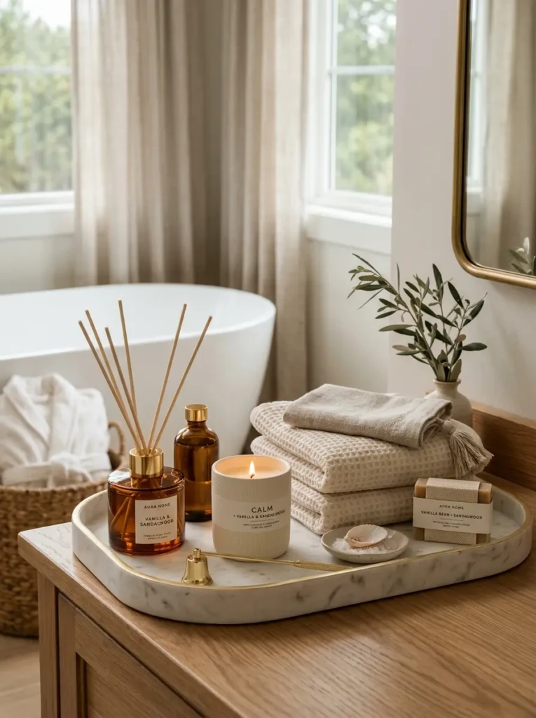 Decorative tray with diffuser, folded towels, and cozy neutral bathroom decor.