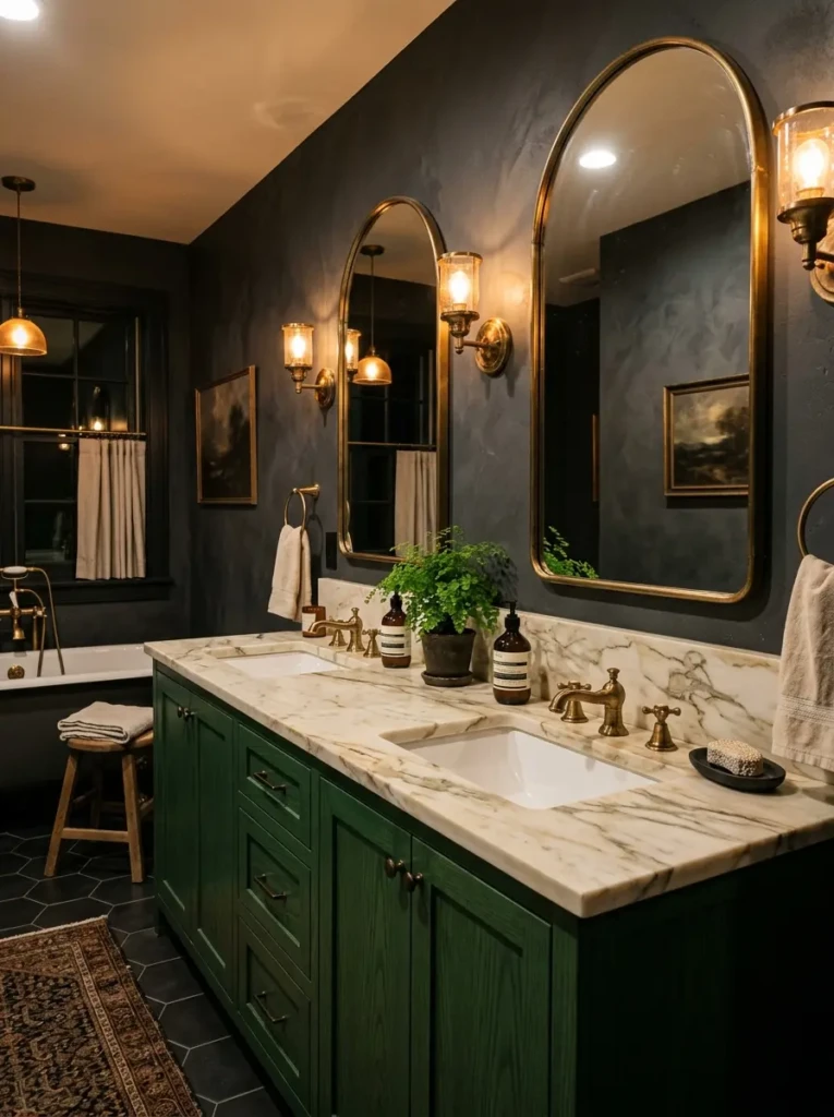 Dramatic double sink bathroom with a deep forest green vanity, brass faucets, marble countertop, and warm wall lighting.
