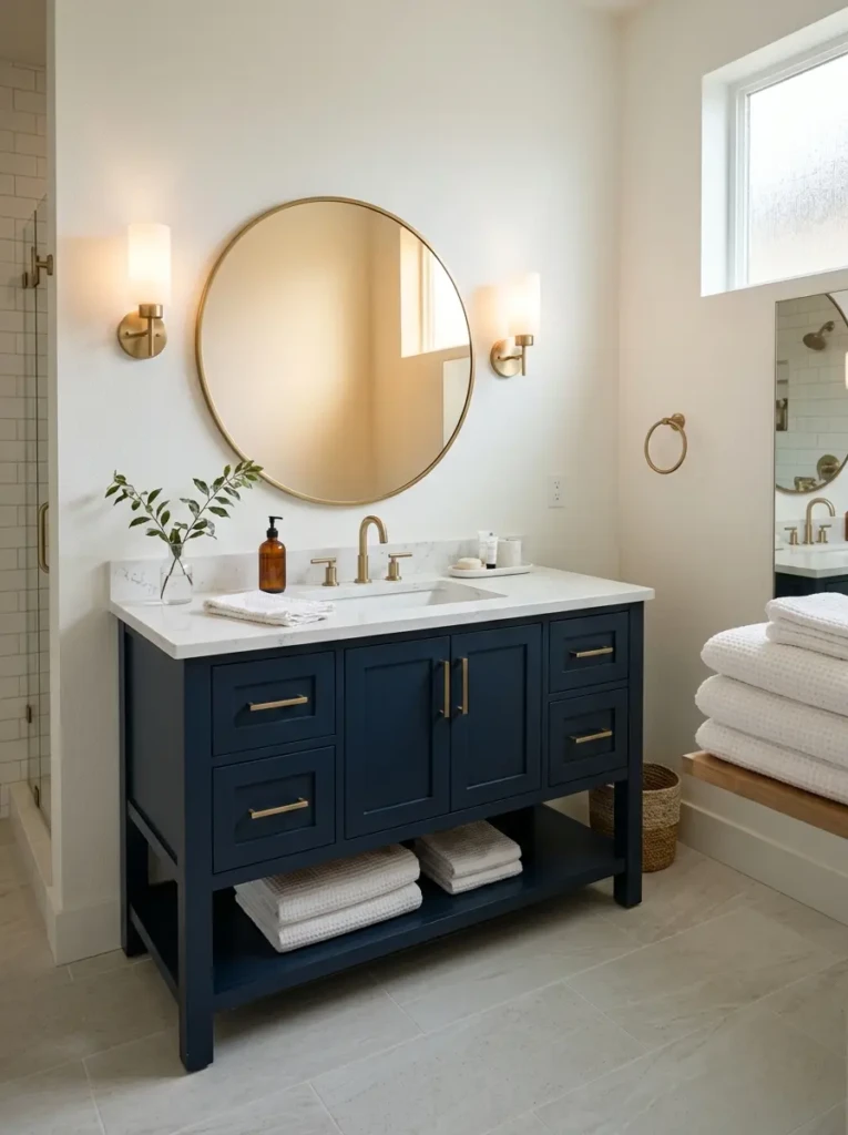 Bathroom with a dark blue vanity, brass hardware, white countertop, rounded mirror, and soft wall lighting.