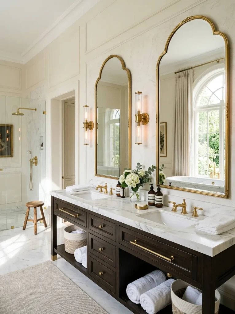 Elegant double vanity bathroom featuring oversized arched mirrors, gold accents, and bright natural sunlight.