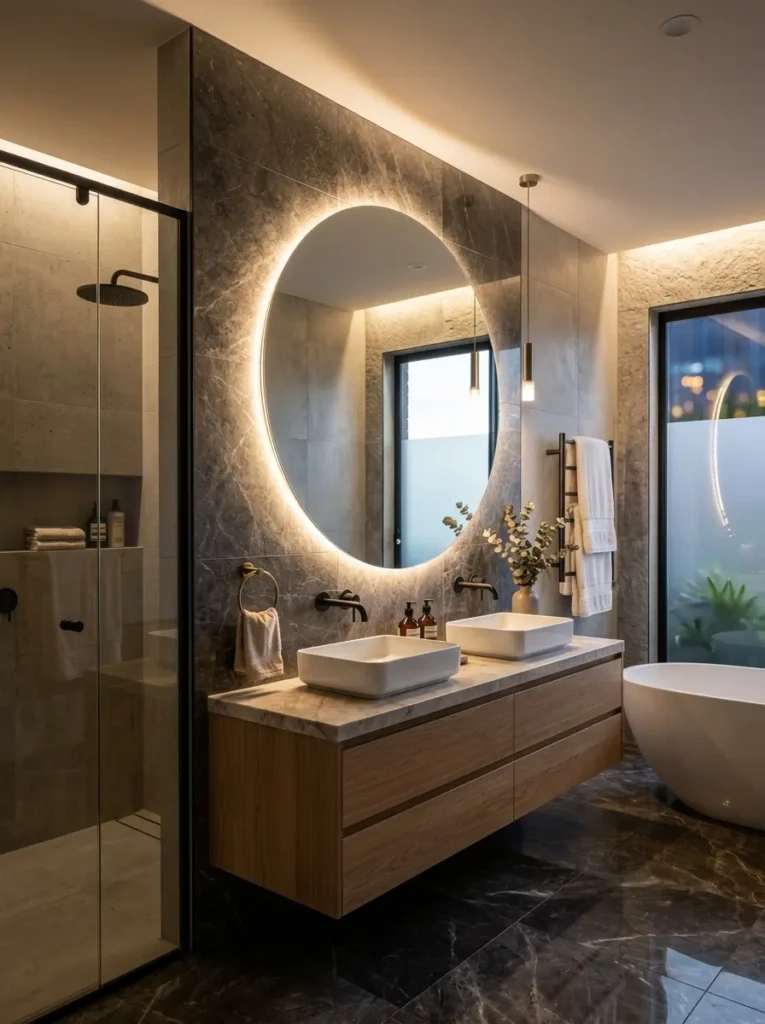 A large round backlit mirror above a vanity reflecting soft light in a modern luxury bathroom.