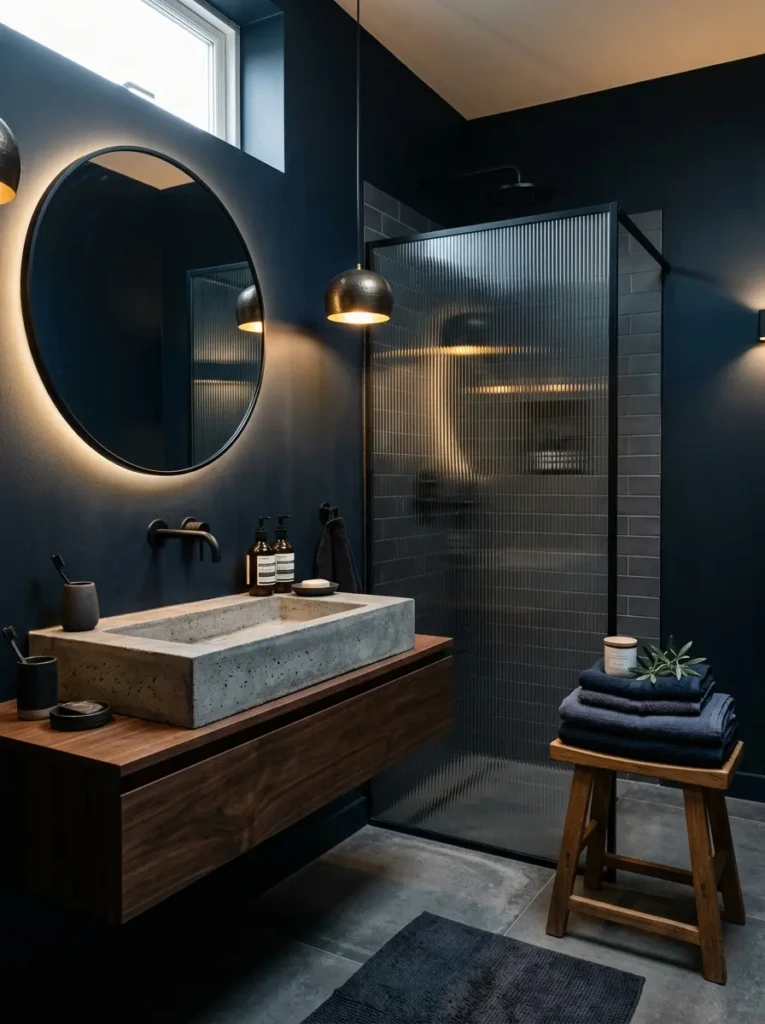 Modern bathroom with blue-black walls, concrete sink, matte black fixtures, ribbed glass, and wood stool.