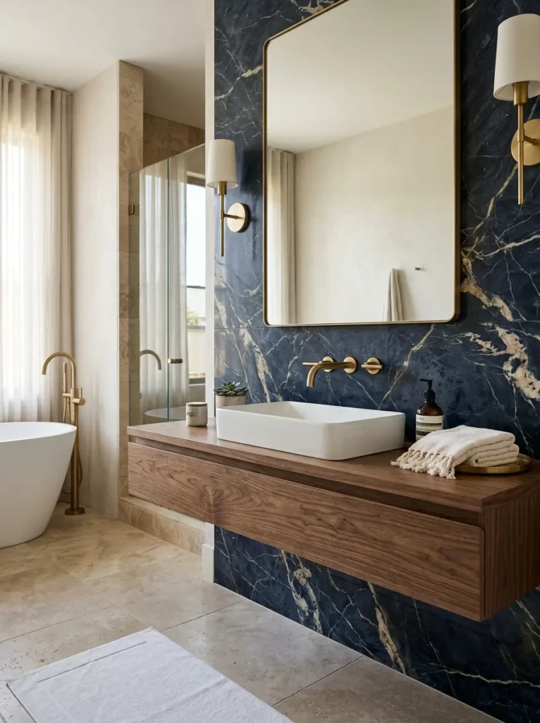 Bathroom with dark blue marble backsplash, white veining, floating vanity, white basin, and brass fixtures.