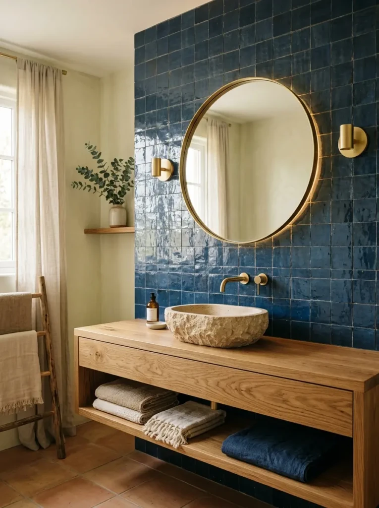 Bathroom featuring handmade dark blue zellige tiles, a stone sink, wood accents, and warm lighting.