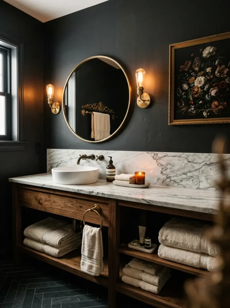 Elegant dark bathroom with charcoal walls, brass fixtures, marble countertop, warm lighting, round mirror, and plush towels.