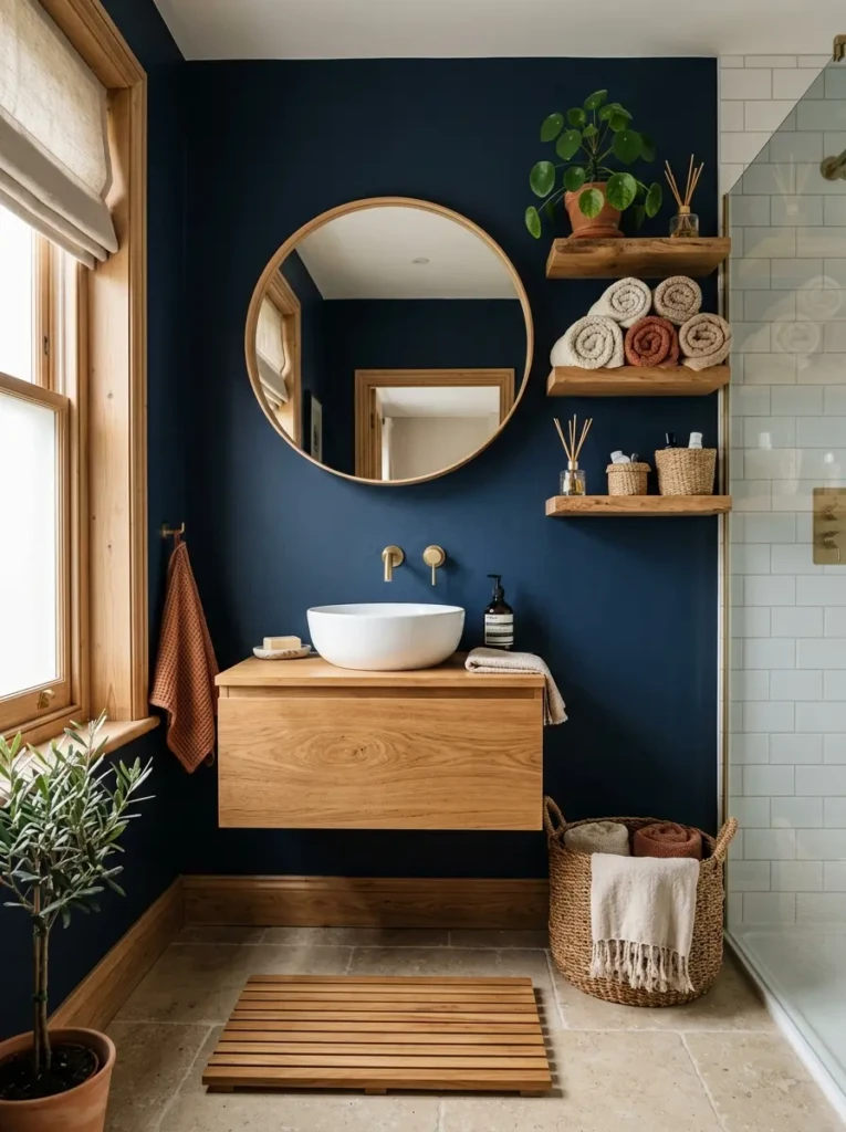 Bathroom with dark blue walls, oak shelves, wood-framed mirror, woven baskets, linen towels, and greenery.