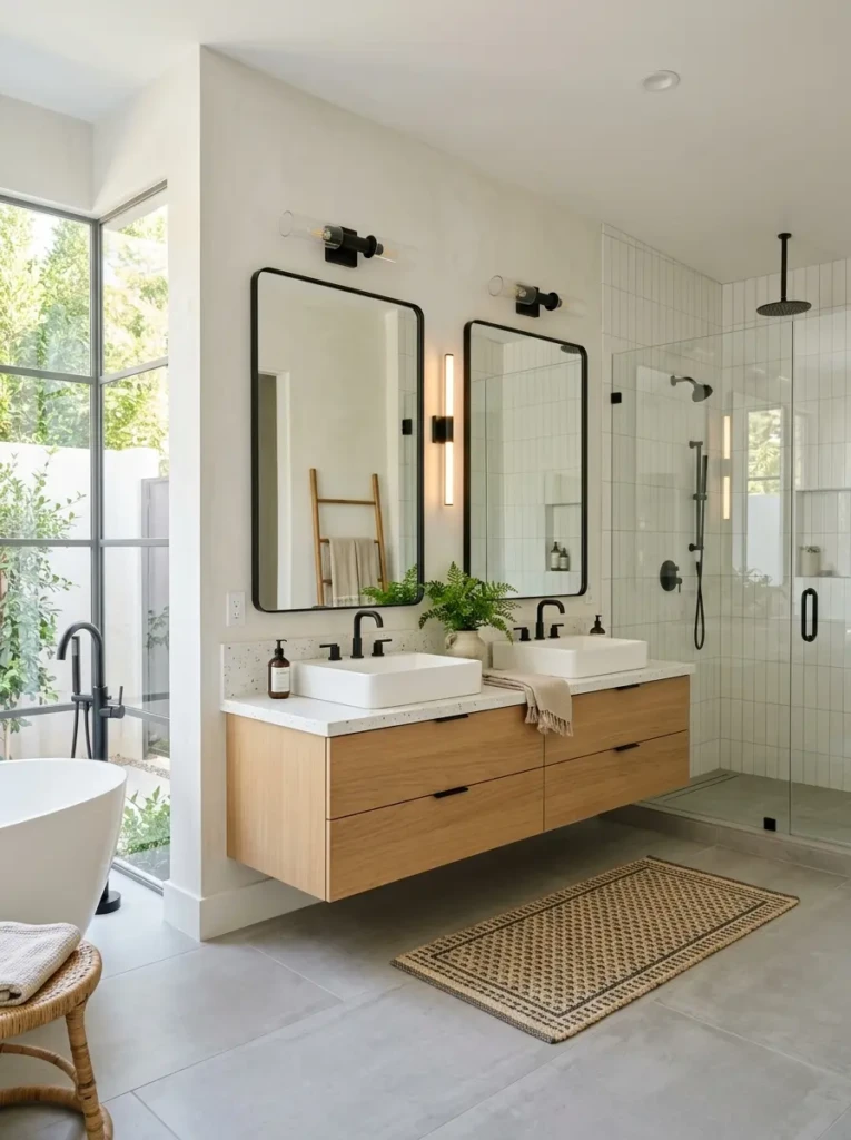 Stylish bathroom featuring black-framed mirrors and airy modern decor