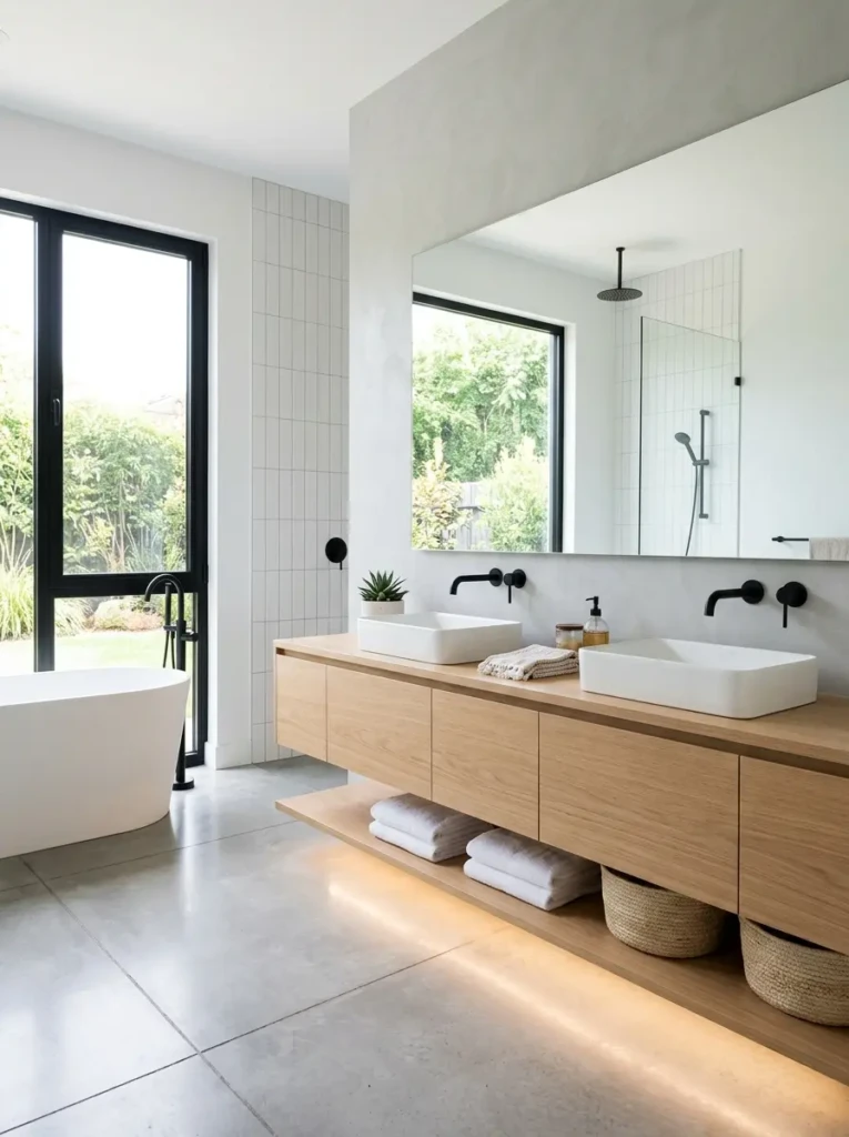 A sleek floating vanity with under-lighting in a bright, minimalist bathroom that feels spacious and uncluttered.