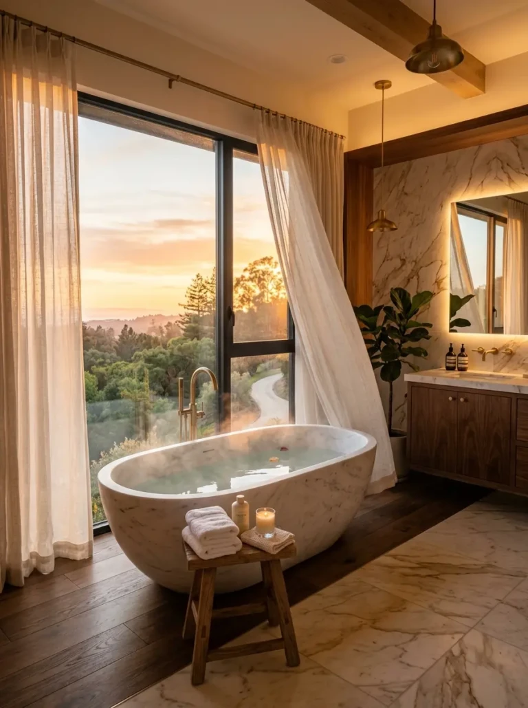 A cozy modern luxury bathroom with a freestanding tub, warm lighting, marble surfaces, and soft curtains creating a spa-like atmosphere.