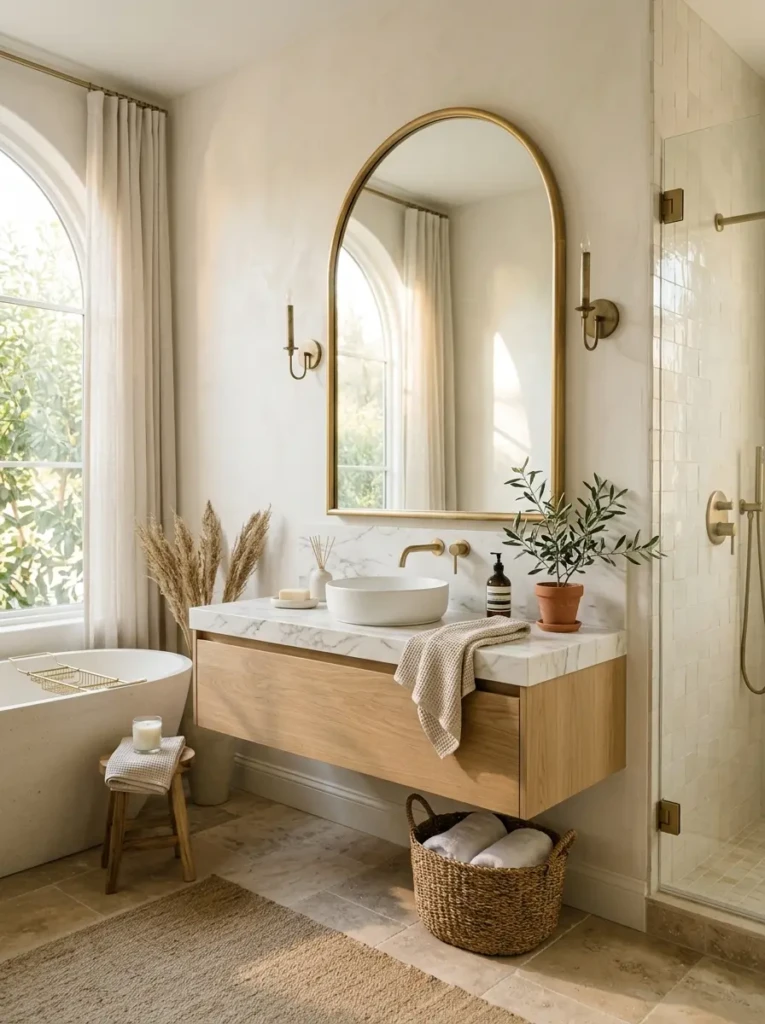 Modern bathroom with oversized gold arched mirror and warm natural lighting.