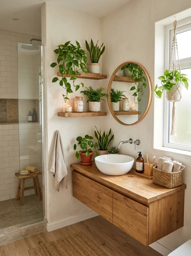 Bright guest bathroom featuring low-maintenance greenery and organic styling.