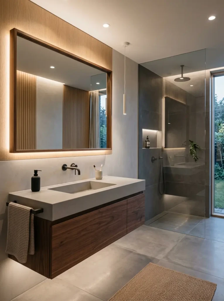 Elegant bathroom with integrated sink, floating cabinetry, and warm ambient lighting.