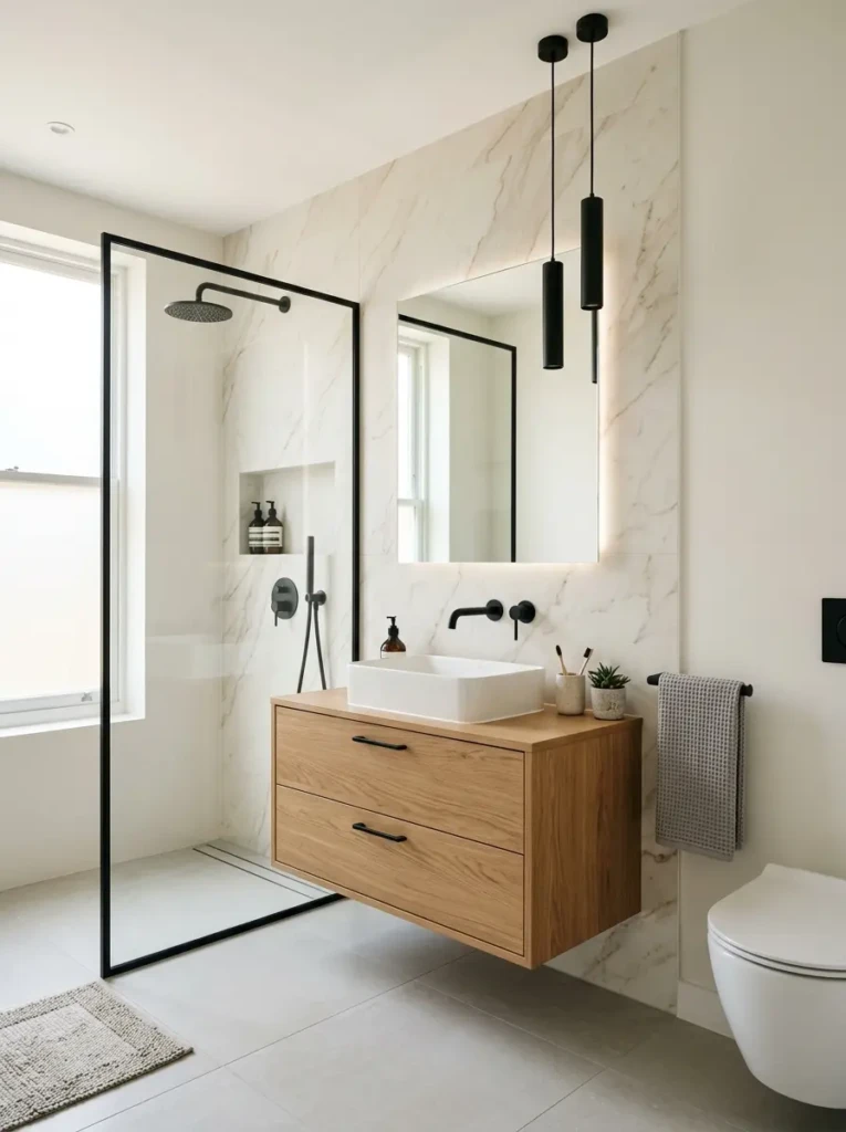 A modern bathroom with a subtle marble feature wall paired with wood vanity and black fixtures for a balanced luxury look.
